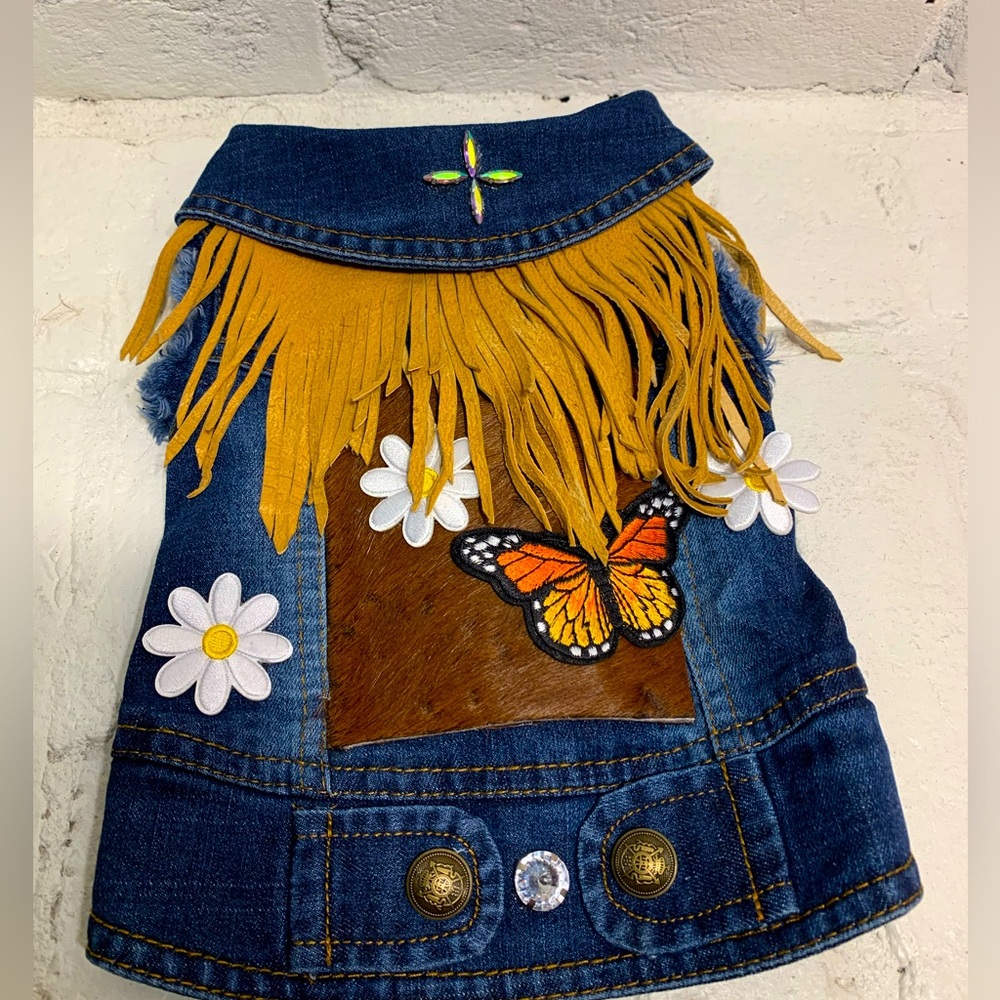 DIY Dog/Cat Western Cowboy/Cowgirl Leather Fringe Denim Vest Jacket Sm